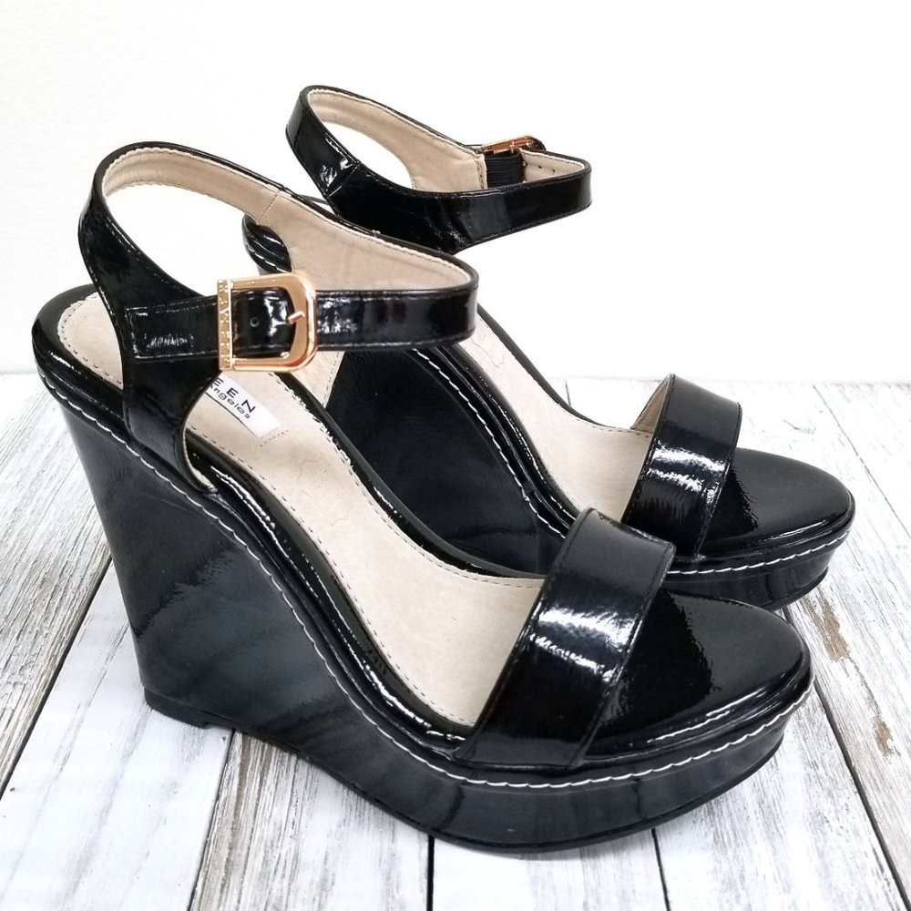 New Black Ankle Strap Platform Wedge Sandals